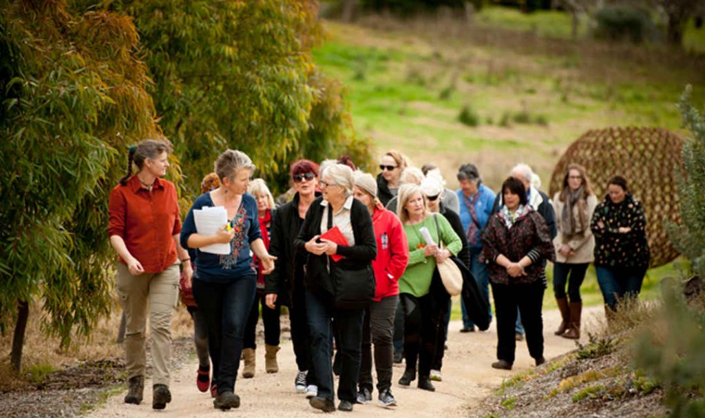woman leading tour up dirt driveway